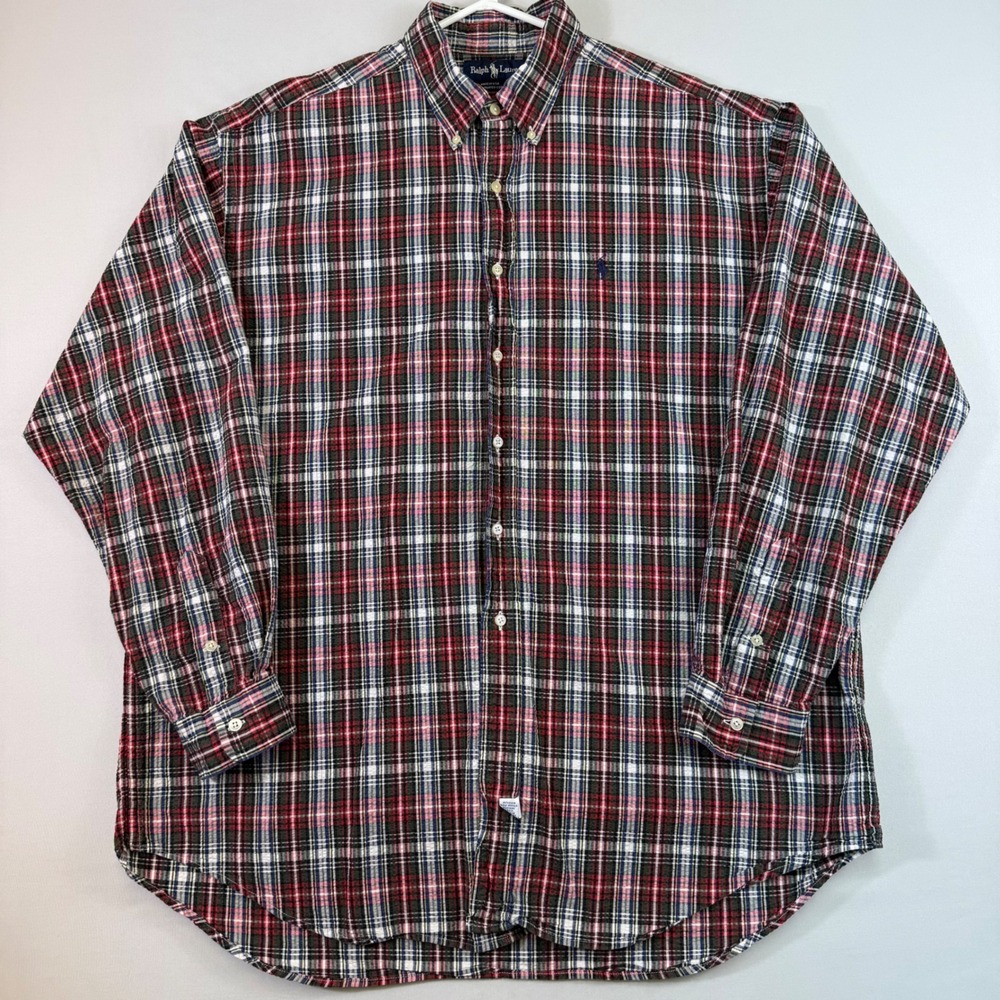 Vintage Ralph Lauren Seersucker Shirt Mens XL Red Green Plaid Made in USA Preppy